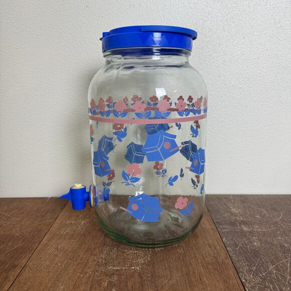 Vintage GALLON Blue Pink‎ Birdhouse Design Glass Drink Dispenser - Picture 4 of 11